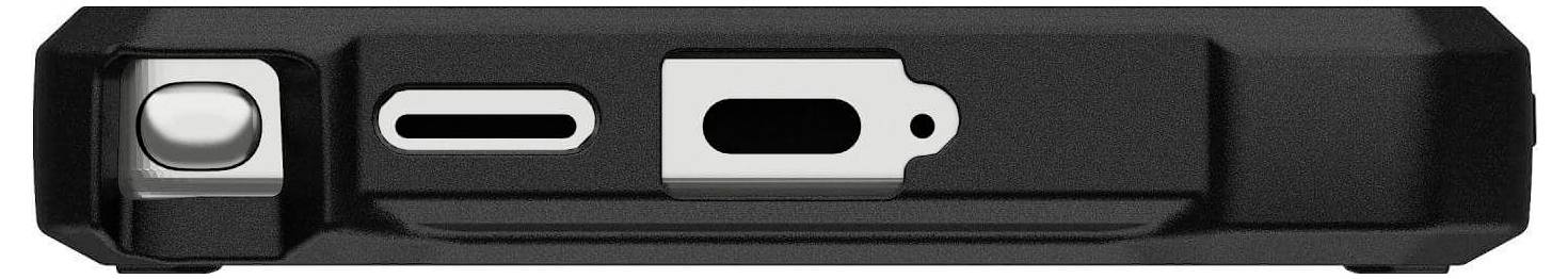 Schwarzes elektronisches Gerät mit mehreren Anschlussmöglichkeiten, Schlitz und Knopf an der Seite sichtbar.