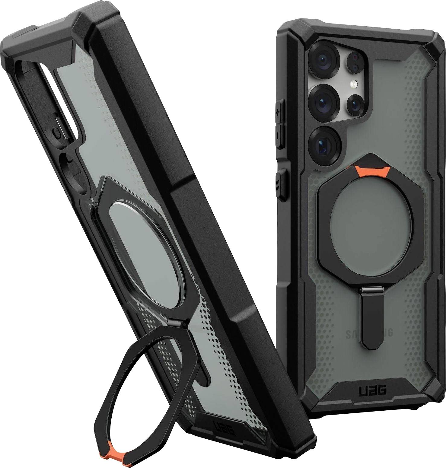 Schwarzes UAG-Handycase mit integriertem Ständer und Kameraschutz, passend für ein Smartphone mit drei Kameralinsen.