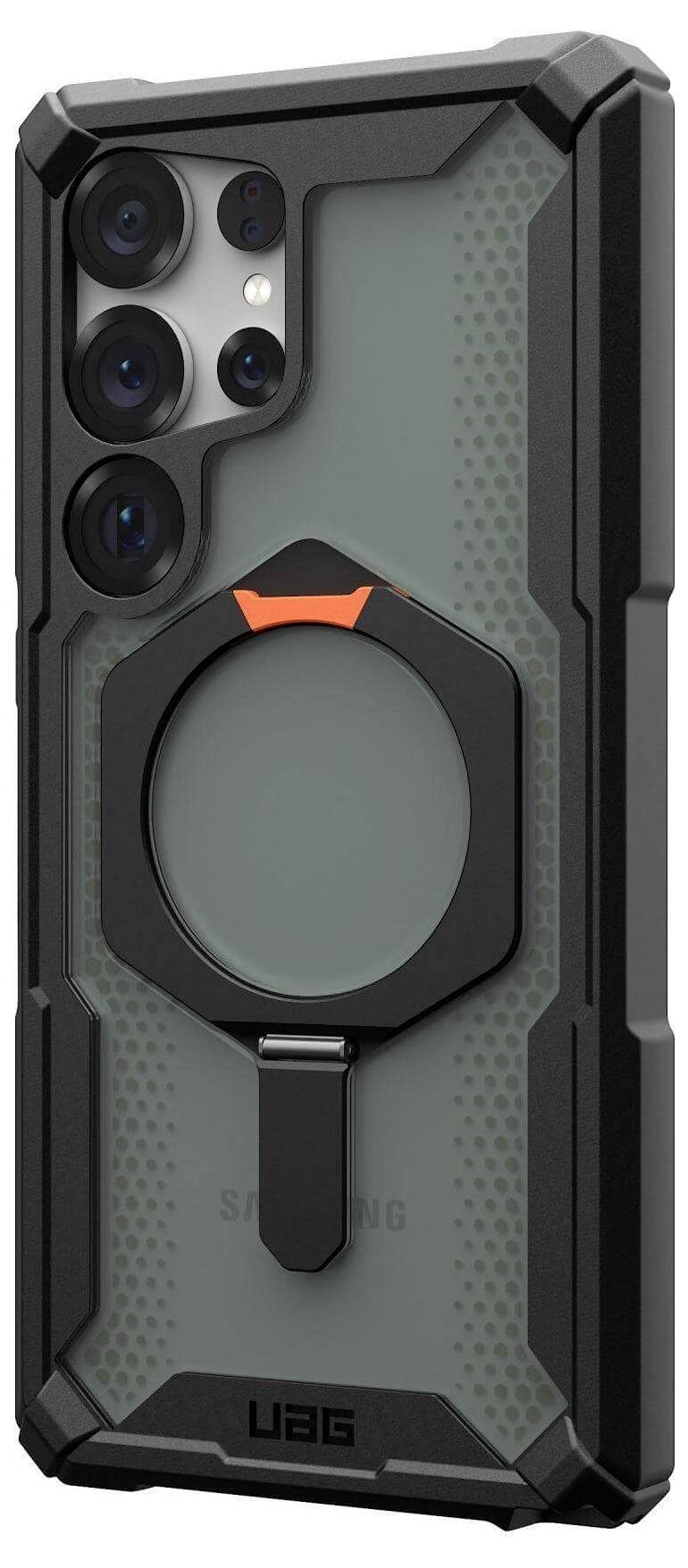 Schwarzes Smartphone mit robustem Hüllen-Design, sichtbare Kameraöffnungen, rundes Magnet-Dock in der Mitte.