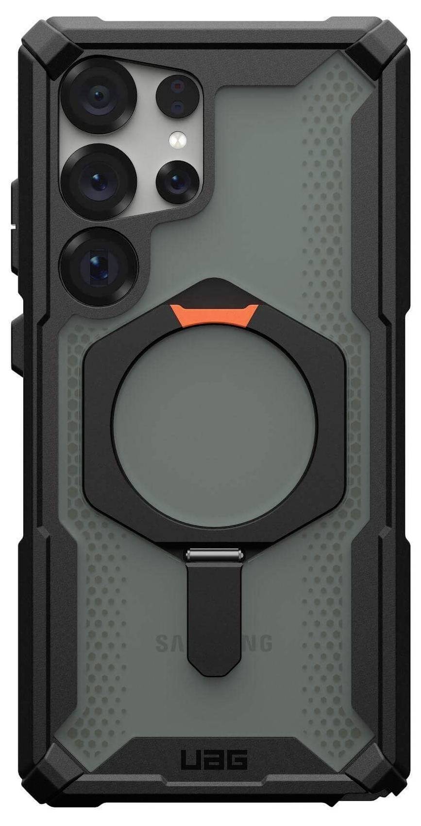 Samsung-Smartphone in robuster, schwarzer Schutzhülle mit verstärkten Ecken und kreisförmigem Halter in der Mitte.