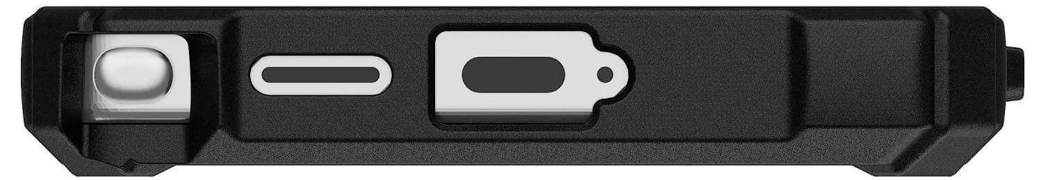 Schmale schwarze Fernbedienung mit grauen Tasten, einer großen Taste in der Mitte und kleineren Tasten daneben.