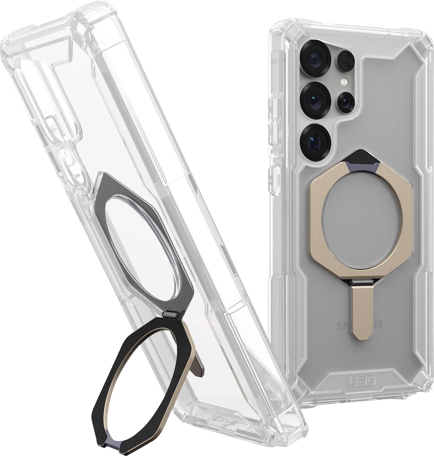 Zwei transparente Handyhüllen mit schwarzem und goldenem Ringständerhalter, passend für ein Samsung-Smartphone.