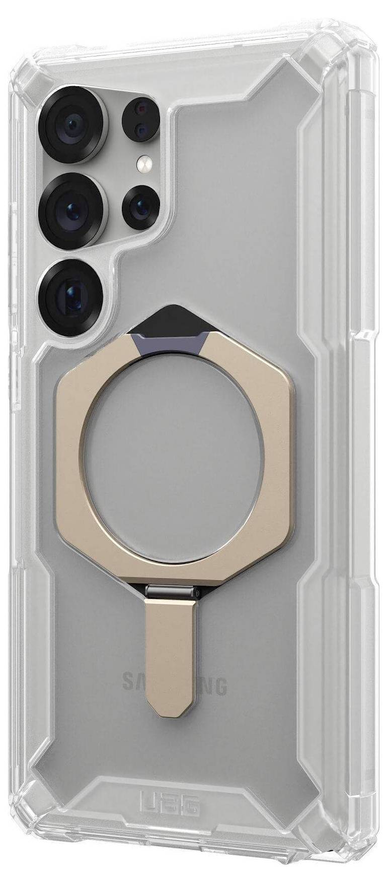 Durchsichtige Handyhülle mit Metallringhalterung, die auf der Rückseite eines Smartphones angebracht ist.