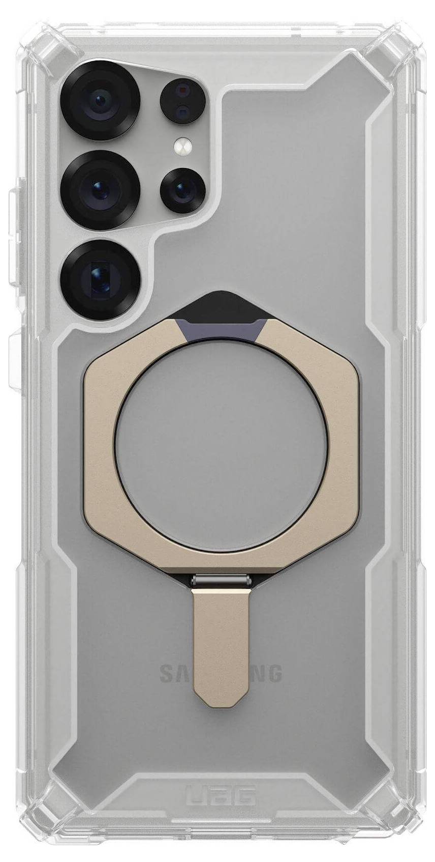 Transparente Handyhülle für Samsung-Gerät, mit eingebautem goldfarbenem Ständer.