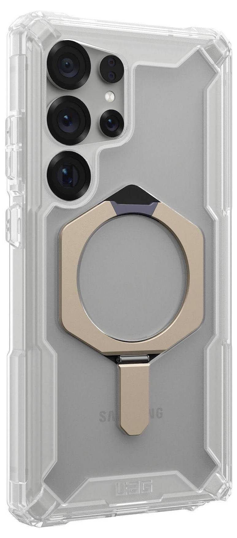 Ein Smartphone mit einer transparenten Schutzhülle und einem angebrachten goldfarbenen Ringhalter auf der Rückseite.