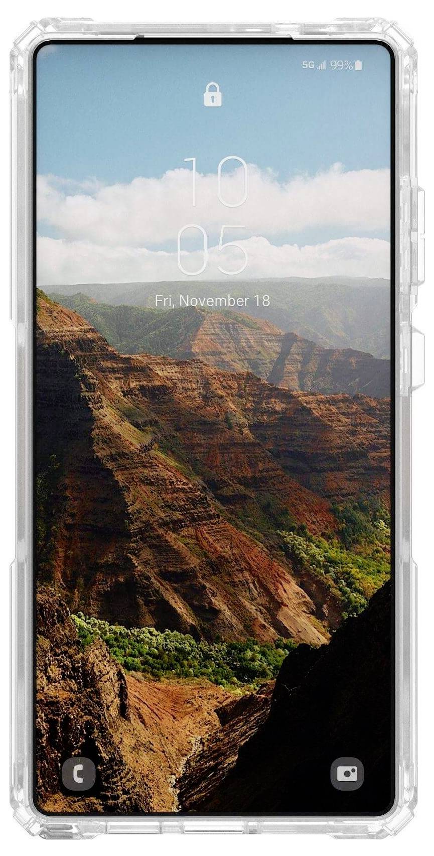 Smartphone mit transparentem Gehäuse, Berglandschaft auf dem Bildschirmhintergrund, Uhrzeit '10:05', Datum 'Freitag, November 18'.