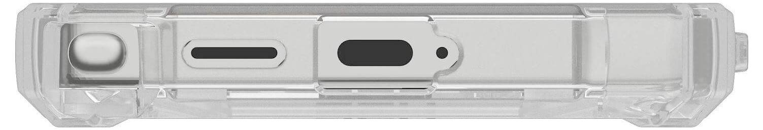 Transparente Plastikhülle mit rechteckiger Form, zeigt Schlitze und runde Aussparung für verschiedene Anschlüsse oder Komponenten.