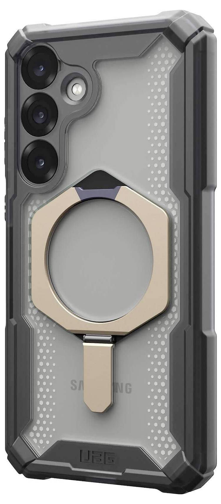 Ein Smartphone in einer robusten, grauen Schutzhülle mit drei Kameralinsen und einem runden Halter auf der Rückseite.