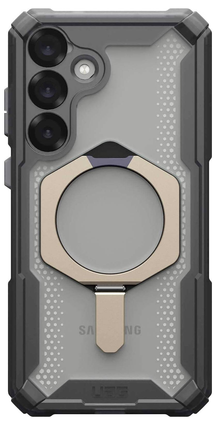 Ein Smartphone in einer robusten, grauen Schutzhülle mit metallischem Ringhalter auf der Rückseite, drei Kameralinsen sichtbar.