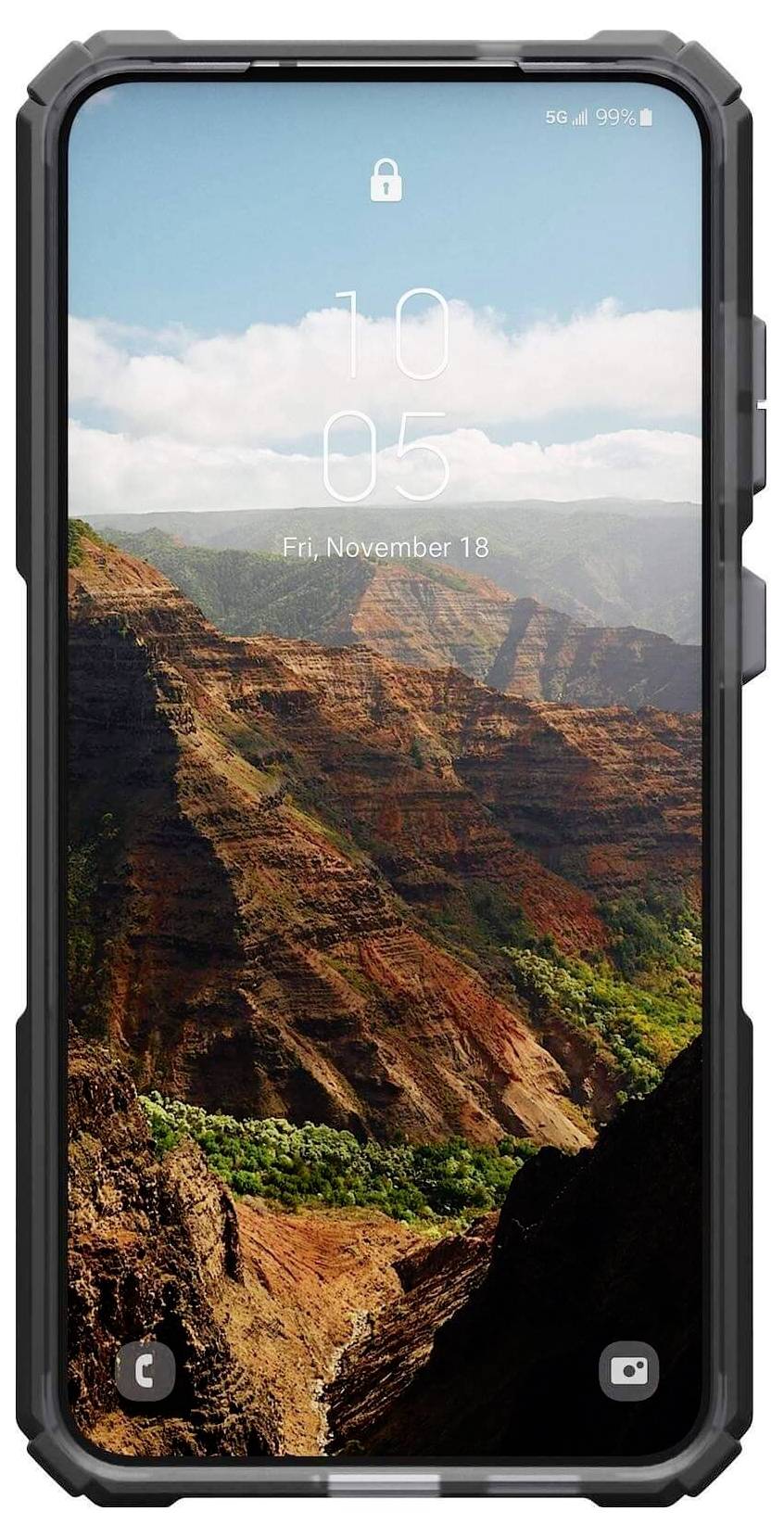 Ein Smartphone mit robustem Gehäuse zeigt einen sperrbildschirm mit Landschaftsfoto von einer Canyonlandschaft unter blauem Himmel.
