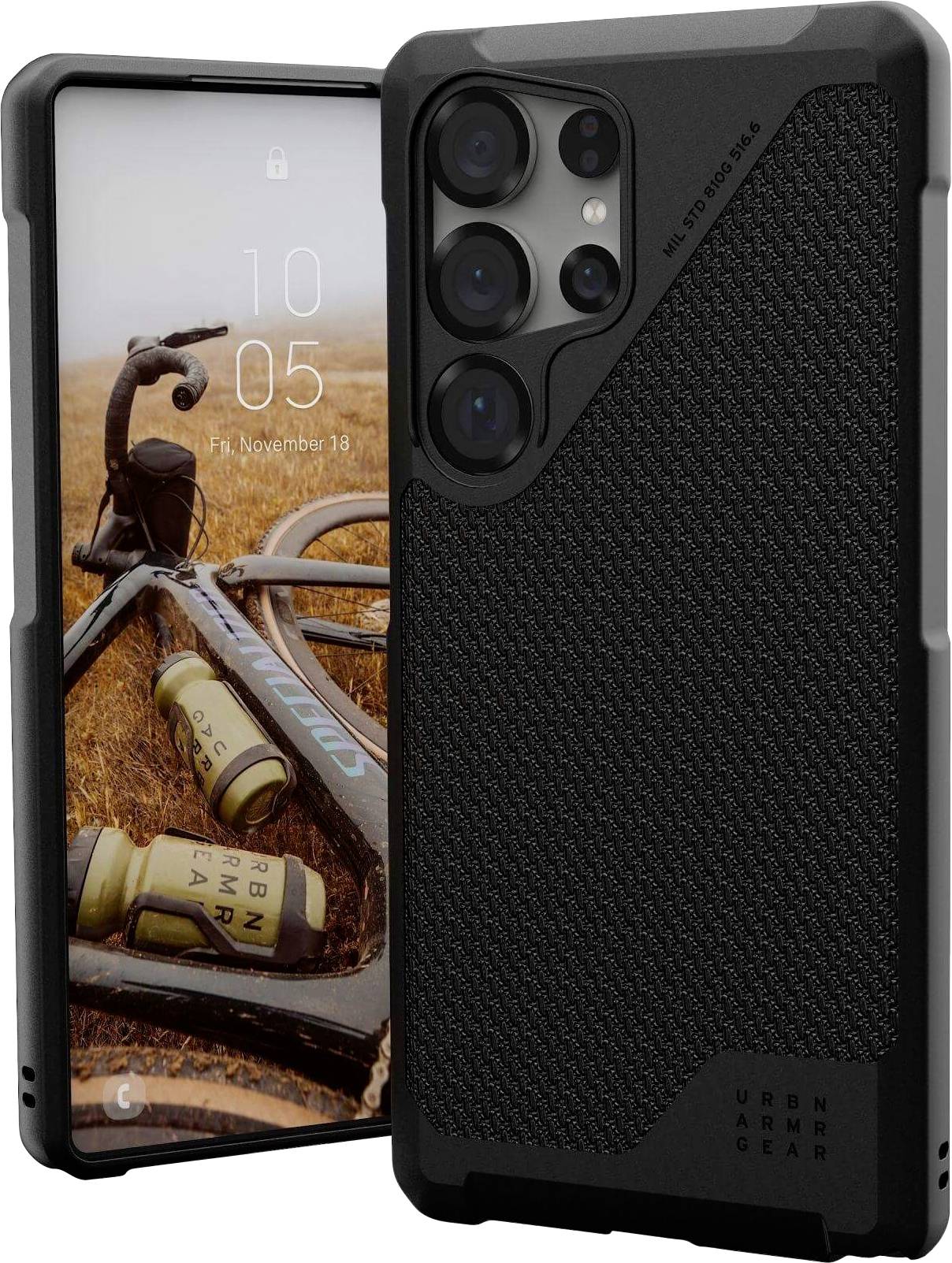 Schwarzes Smartphone mit Hülle steht aufrecht. Der Bildschirm zeigt ein Fahrradmotiv mit Digitalanzeige: '10:05, Fr 18.'