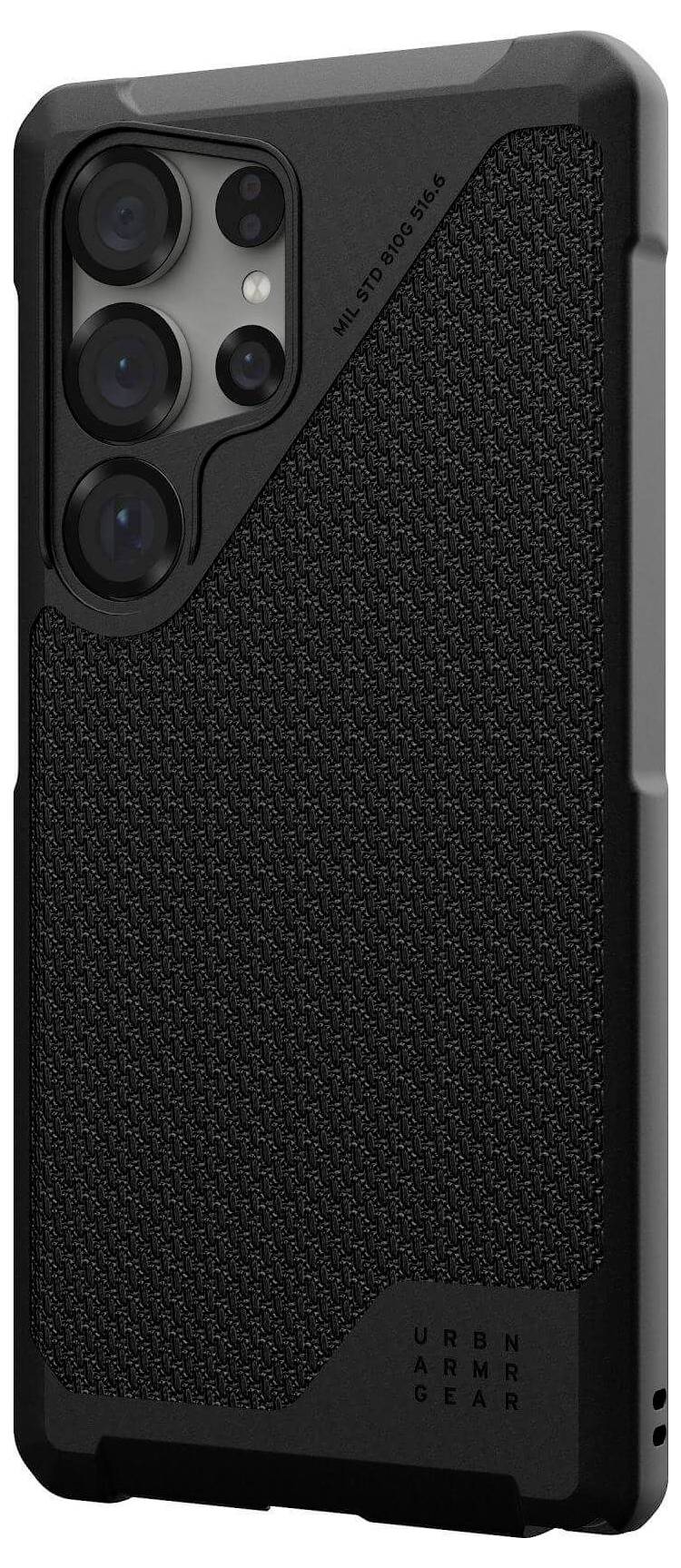 Robuste schwarze Handyhülle mit strukturiertem Design, bietet zusätzlich Schutz für das Kameraobjektiv.