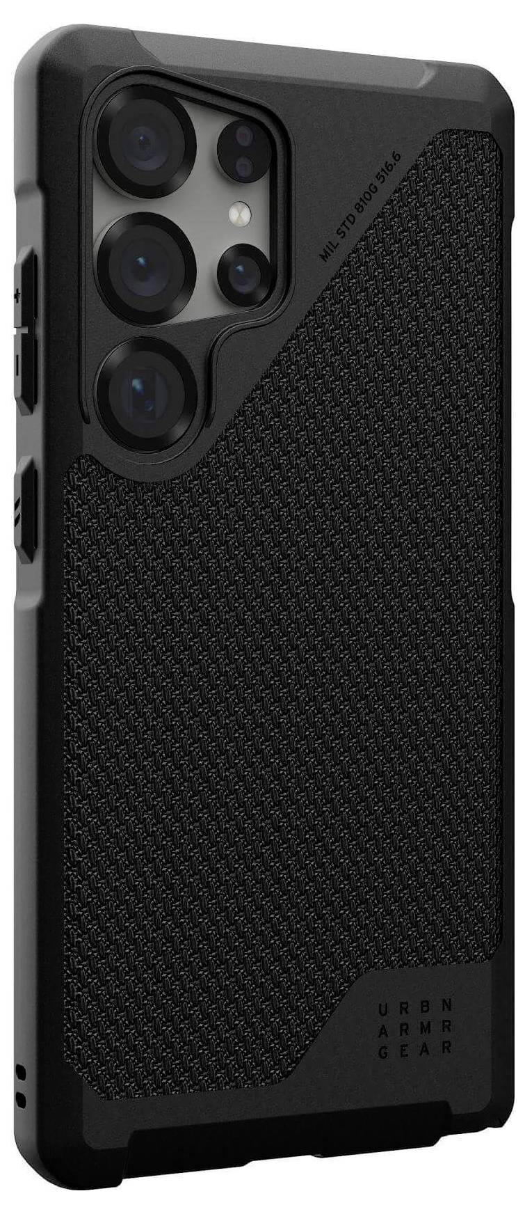 Smartphone-Hülle aus schwarzem, strukturiertem Material mit verstärkten Ecken und Kameralinsenschutz.