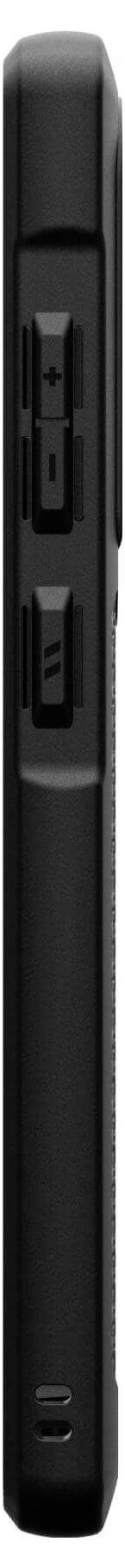 Schwarzes elektronisches Gerät mit zwei Knöpfen auf der Seitenansicht.