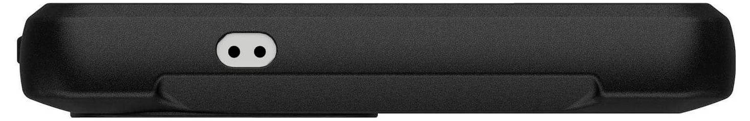 Schwarzes Ladegerät mit zwei Steckplätzen, Ansicht von der Seite, auf einer weißen Fläche liegend.