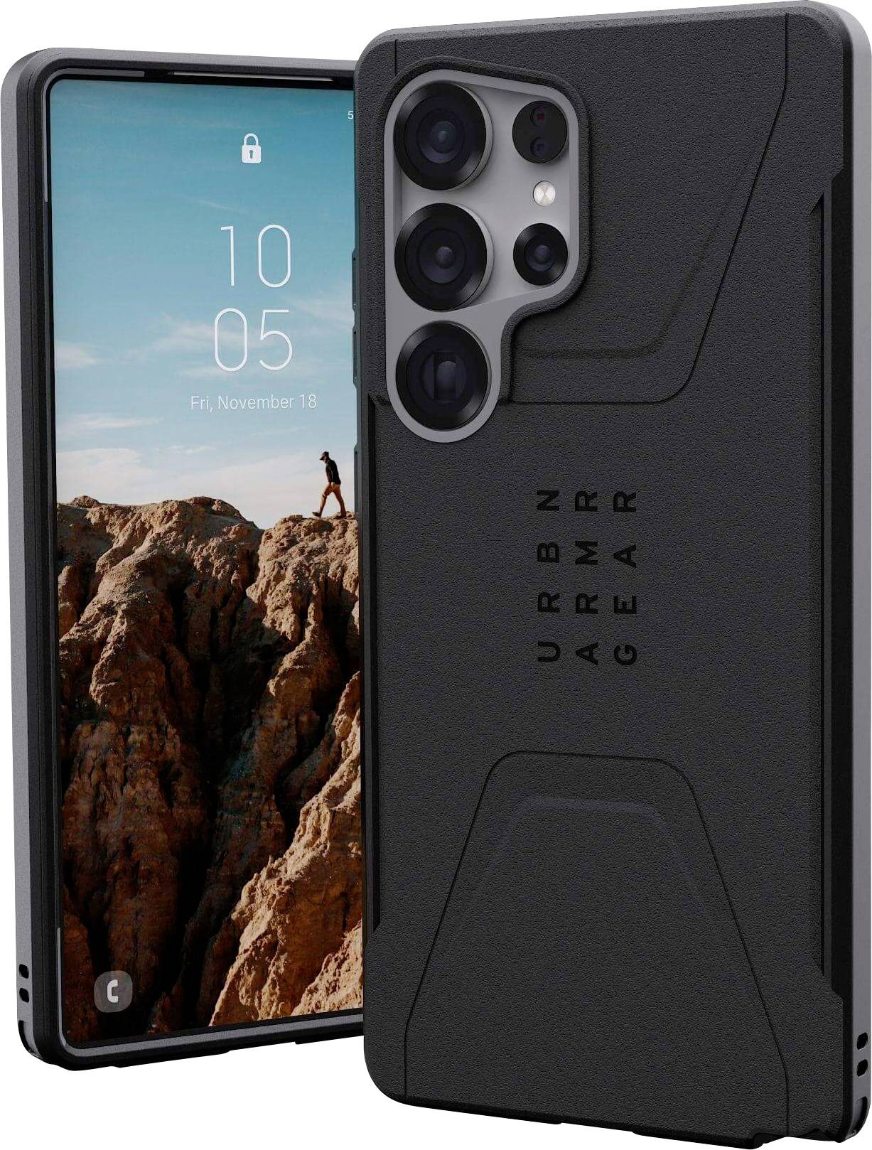 Schwarzes Smartphone-Case mit einer robusten Struktur steht neben einem Smartphone, das eine Felslandschaft anzeigt. Urban Armor Gear-Logo sichtbar.