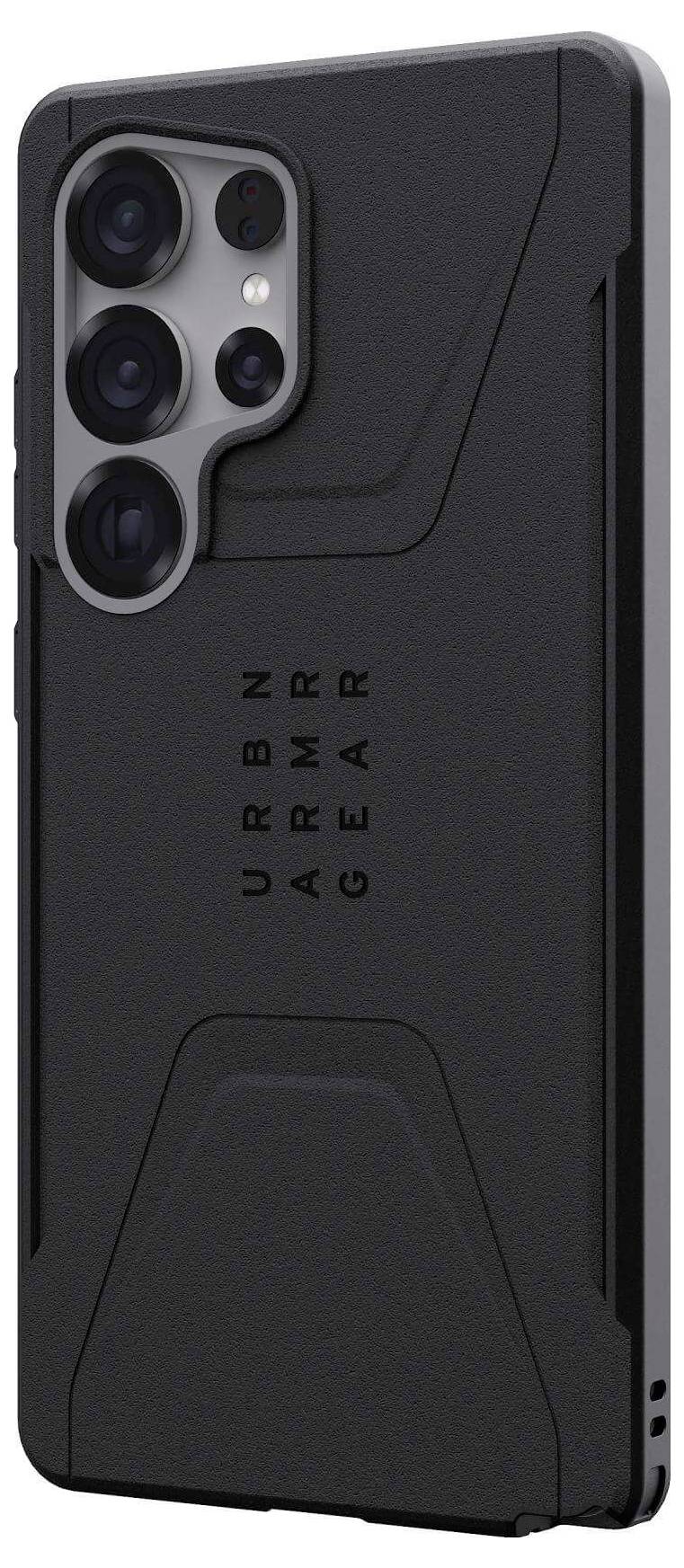 Hinterseite eines Smartphones mit schwarzer Schutzhülle von URBN ARMOR GEAR. Die Hülle hat ein robustes Design mit Kameraschlitzen.