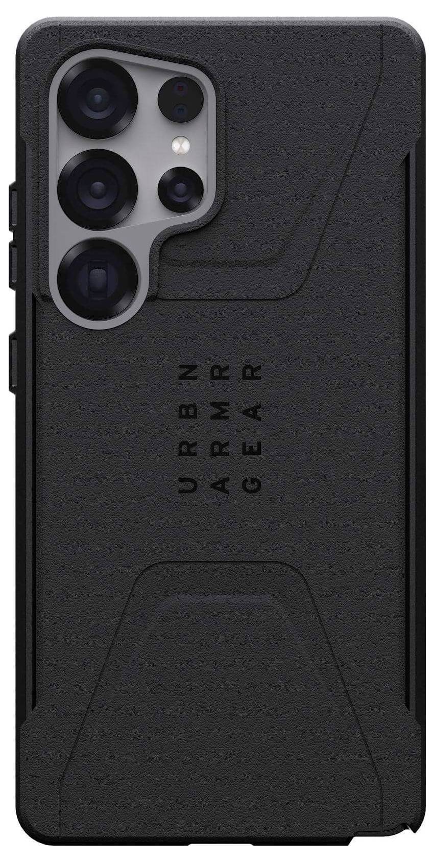 Schwarzes Smartphone-Cover mit robustem Design und 'URBN ARMR GEAR'-Logo, speziell geformte Kameraaussparung für sicheren Schutz.