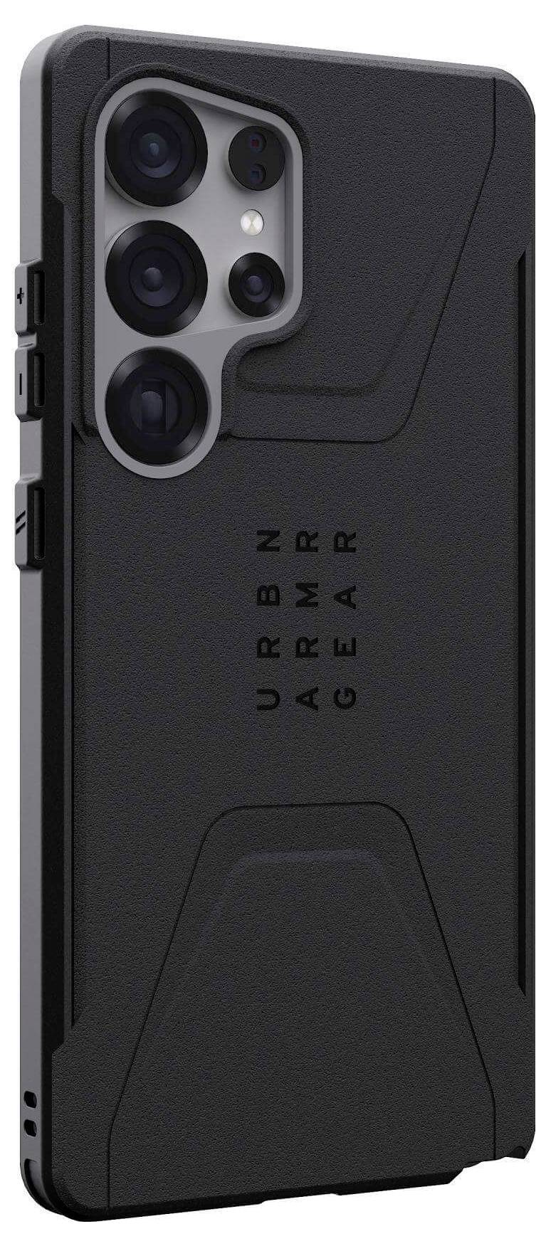 Schwarzes Handyhülle von URBN ARMOR GEAR, bietet robusten Schutz mit prägnantem Design; Rückseite zeigt markanten Schriftzug.