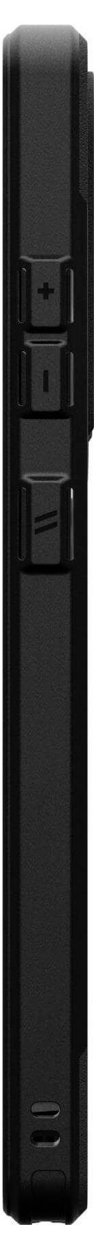 Ein schwarzes Klapptelefon seitlich gezeigt, mit sichtbaren Lautstärketasten.