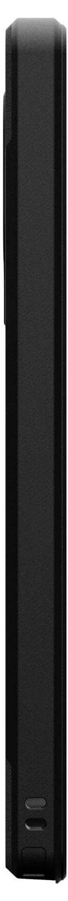 Ein geschlossenes schwarzes Klapphandy aus seitlicher Ansicht. Das Gerät ist schlank und hat ein minimalistisches Design.