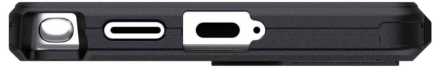 Schwarzes Smartphone-Gehäuse mit Aussparungen für Kamera, Blitz und Anschlüsse, Ansicht von oben.