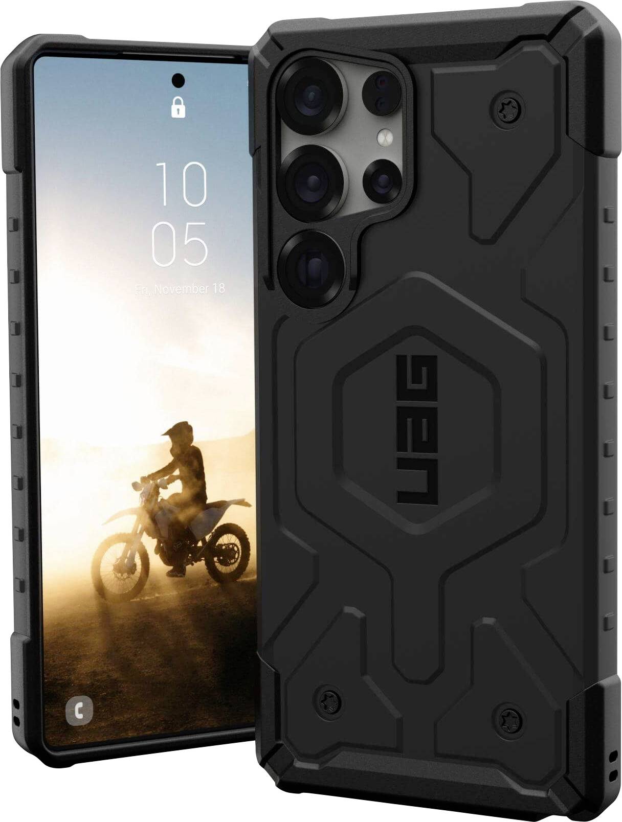Ein Smartphone in robuster schwarzer Schutzhülle, mit einem Display, das ein Motorrad im Sonnenuntergang zeigt.