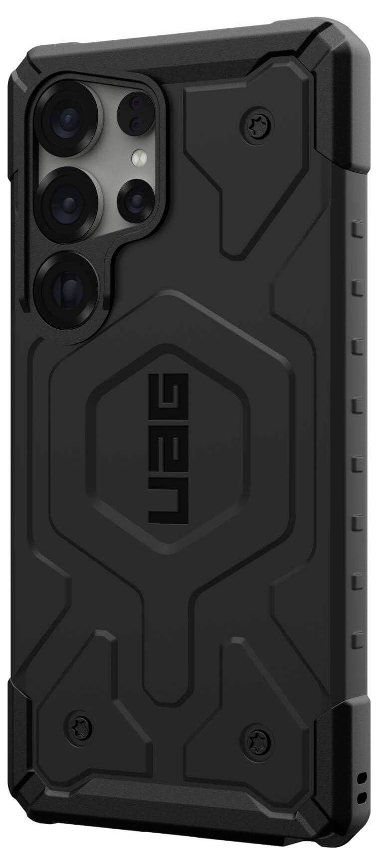 Schwarzes, robustes Handycase mit erhabener, geometrischer Struktur und großem Kamerafeld. Logo 'UAG' zentral eingeprägt.