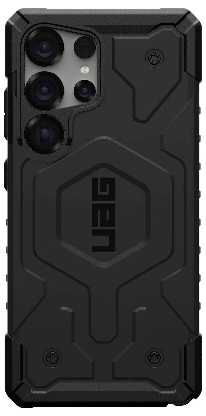 Schwarzes, robustes Smartphone-Gehäuse mit markanten Kanten und dem Logo 'UAG'. Schützt das Telefon vor Stößen und Kratzern.