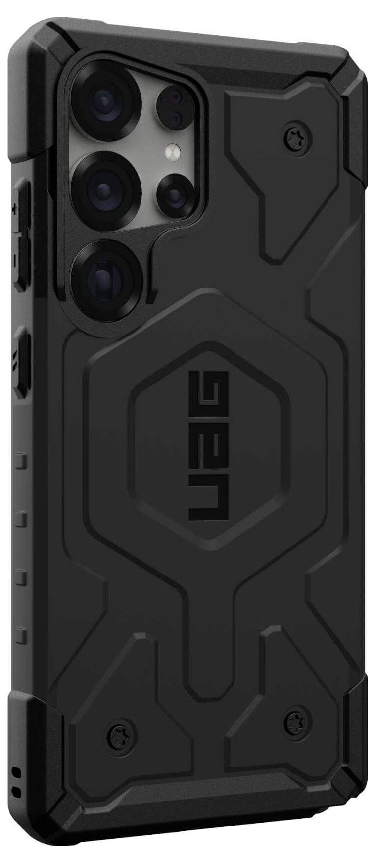 Schwarzes, robustes UAG-Smartphone-Case mit rutschfester Oberfläche und verstärkten Ecken zum Schutz vor Stürzen und Stößen.