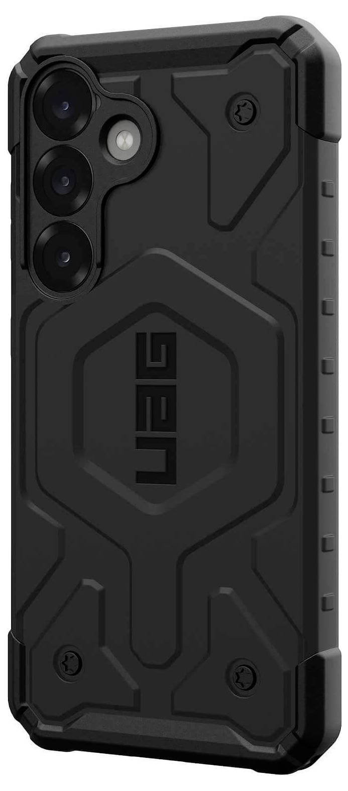 Schwarzes, robustes Smartphone-Case mit geometrischen Mustern und drei öffnungen für Kameraobjektive.