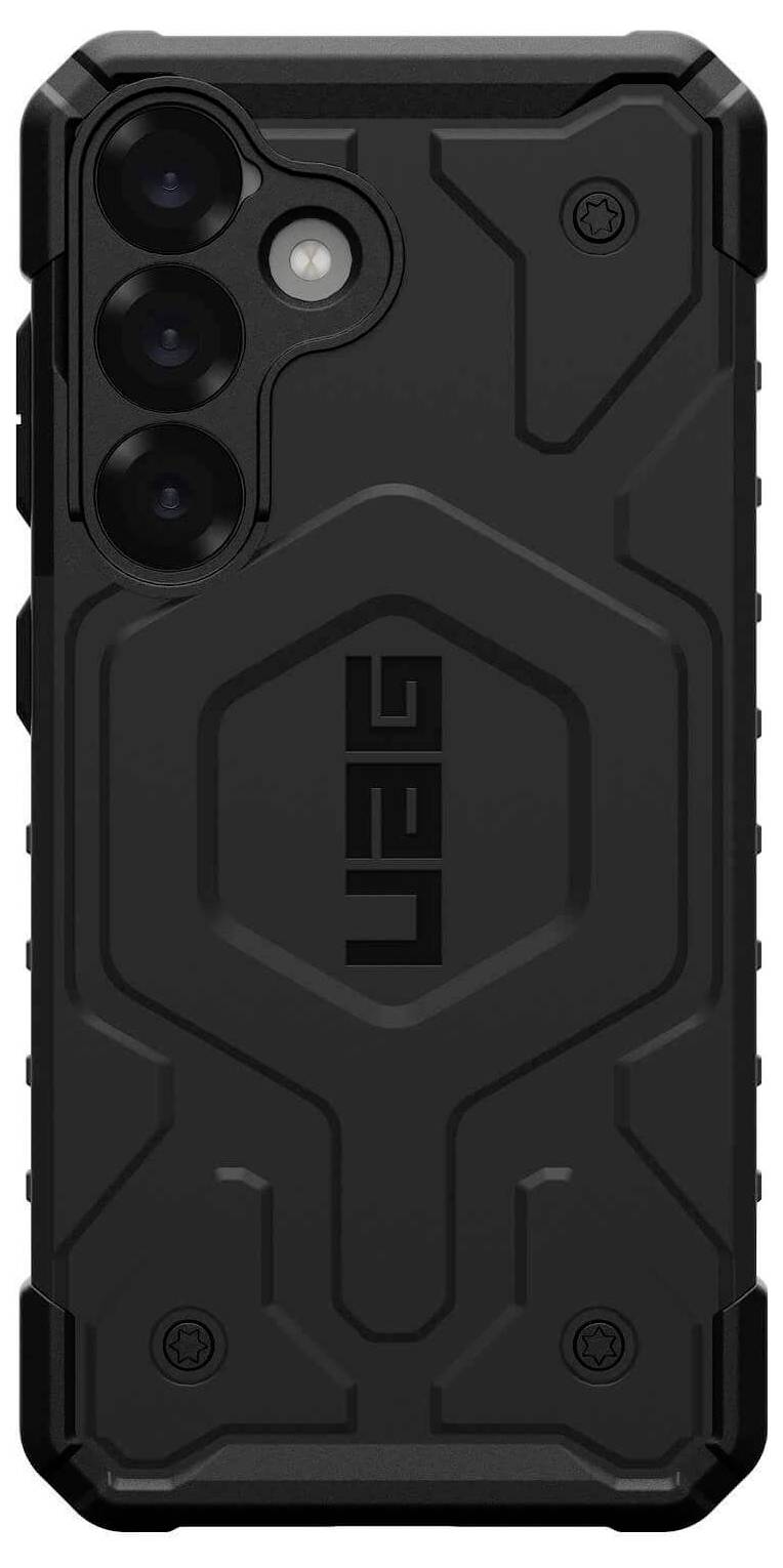 Schwarze Handyhülle mit verstärktem Ecken- und Kantenschutz, ausgeprägtem Design und Markenlogo, für robusten Schutz gedacht.