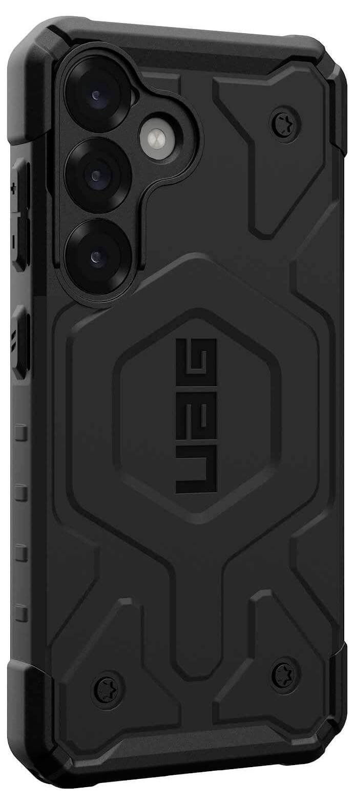 Schwarze, robuste Schutzhülle für ein Smartphone mit markantem, strukturiertem Design und prominentem Kamerabereich.