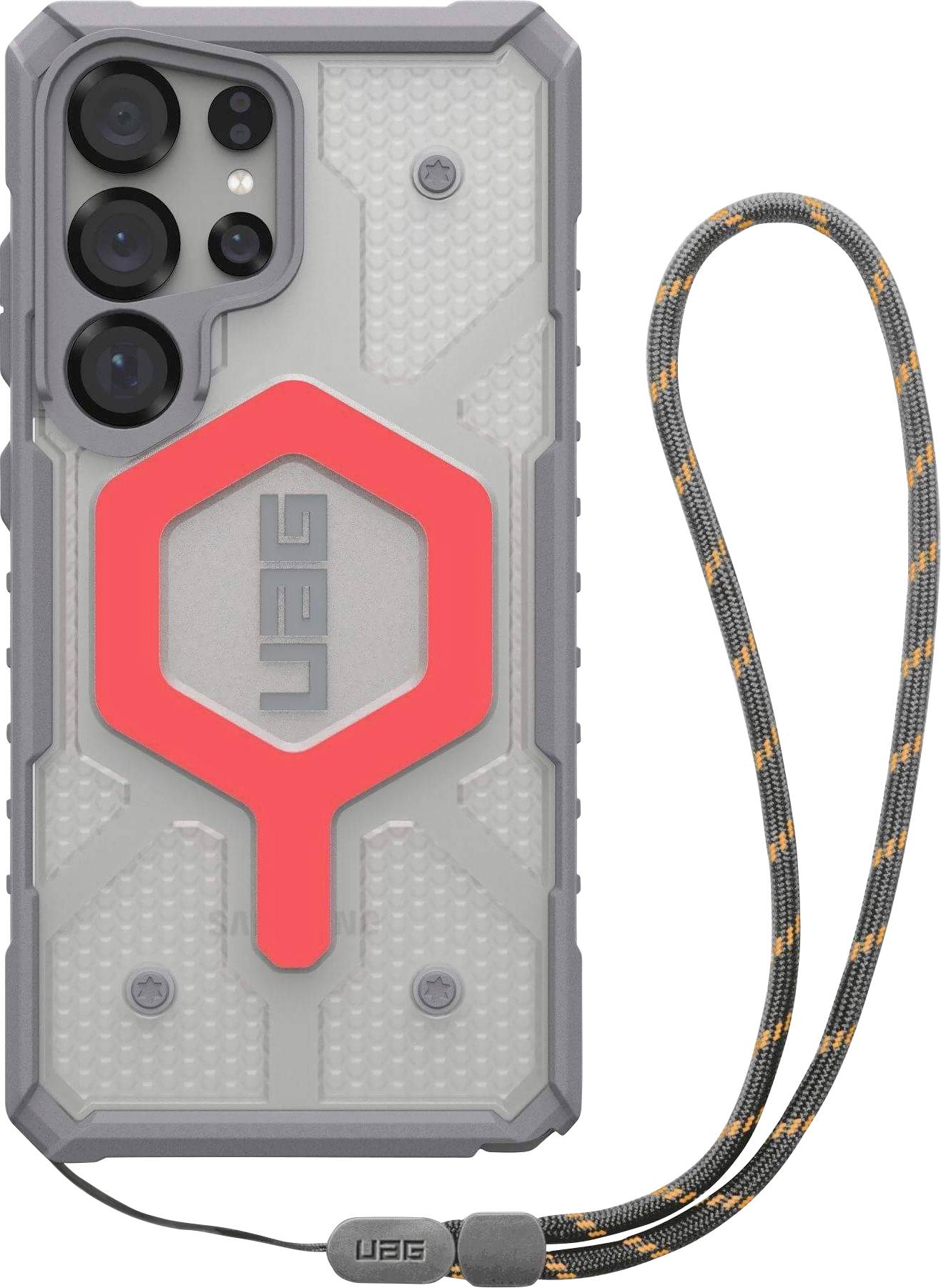 Smartphone in einer robusten, grauen Schutzhülle mit rotem Akzent und Handschlaufe. Drei Kameralinsen sind sichtbar.