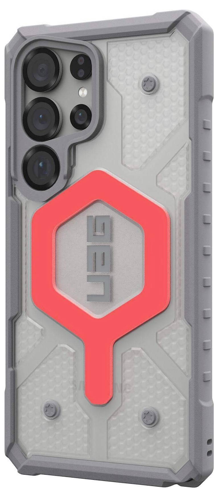 Smartphone mit robuster Schutzhülle in Grau und Rot. Rückseite zeigt ein hexagonales Muster mit Markenlogo zentral platziert.