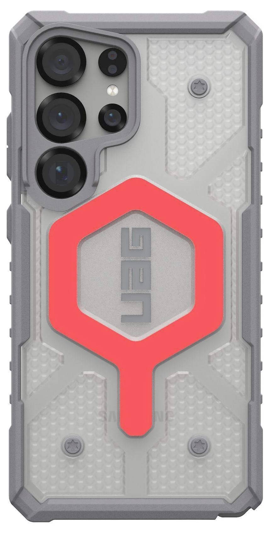 Robustes Handy-Cover mit dreieckigen Mustern und einem großen roten UAG-Logo in der Mitte, verstärkte Ecken und Kameraaussparung.