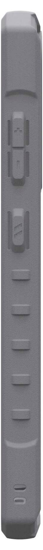 Ein schmaler, grauer, rechteckiger Gegenstand mit horizontalen Rillen und zwei vertikalen Knöpfen auf der Vorderseite.