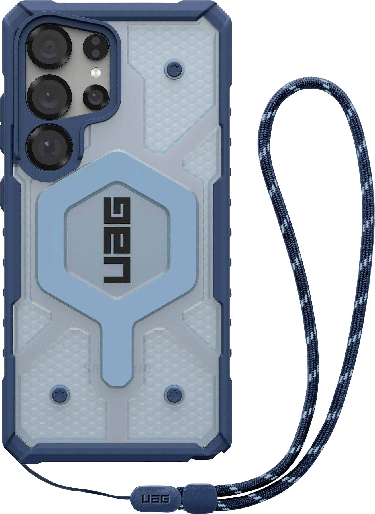 Schutzhülle für Smartphones, blau mit robustem Design und Trageschlaufe, inklusive Markenlogo. Geeignet für erhöhten Schutz und Mobilität.