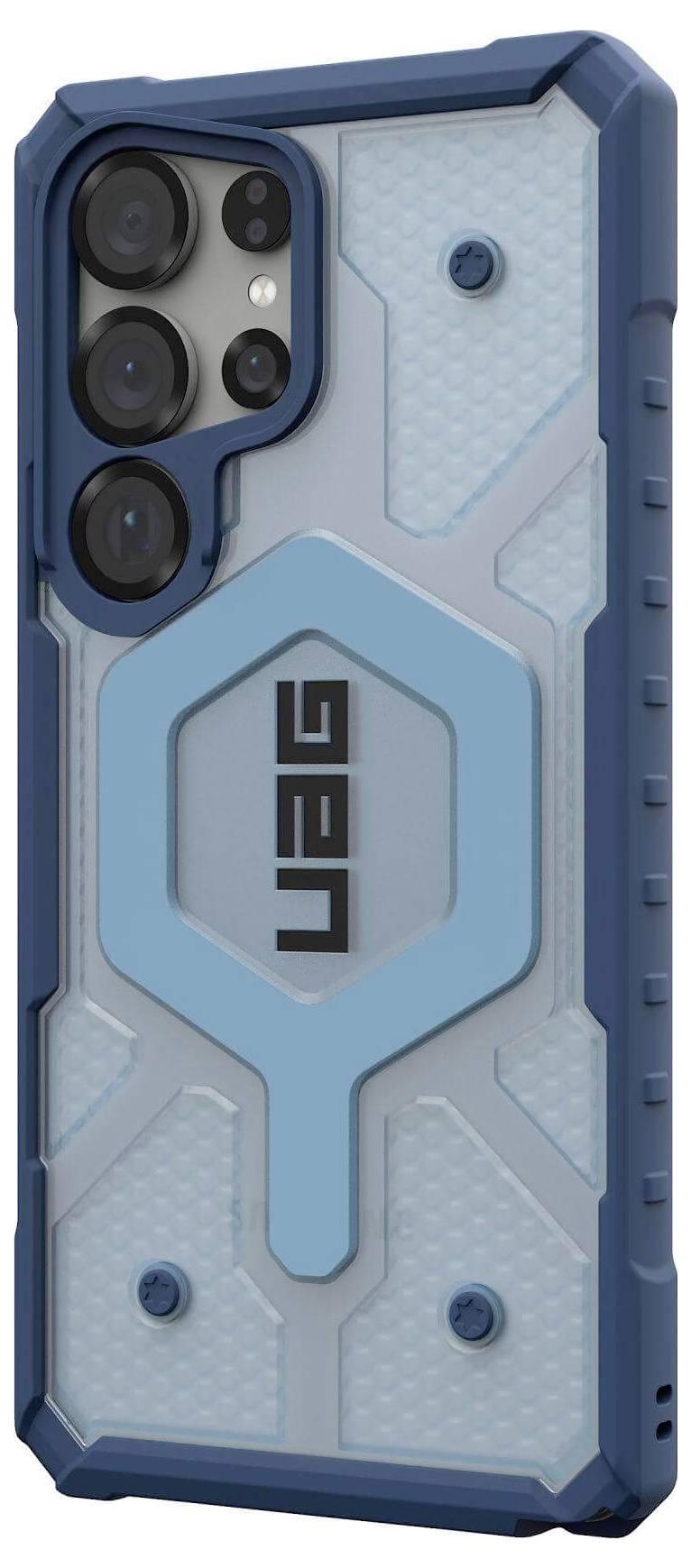 Schutzgehäuse für ein Smartphone mit blauem Rand und grauem Rückteil. Blaue Details und der Schriftzug 'UAG' sind sichtbar.