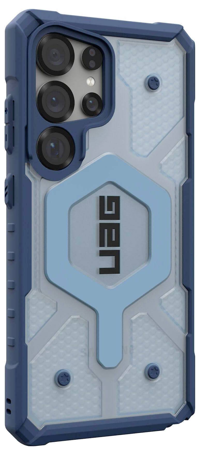 Schutzhülle für ein Smartphone mit robustem Design, blauer Rand und hexagonalen Mustern, die Schutz und Stil bietet.