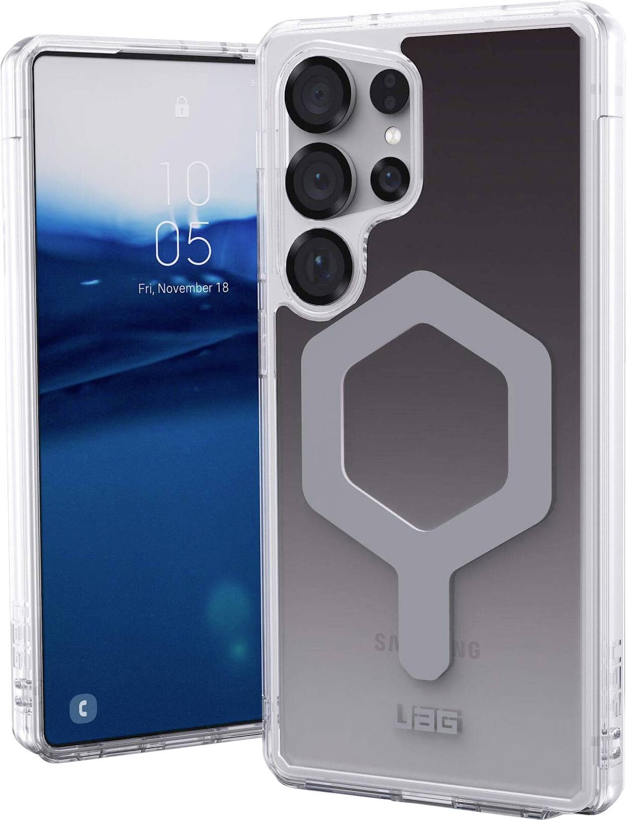 Smartphone mit Schutzhülle, Rückseite zeigt großes Kameramodul und markantes symmetrisches Muster. Vorderseite zeigt gesperrten Bildschirm.