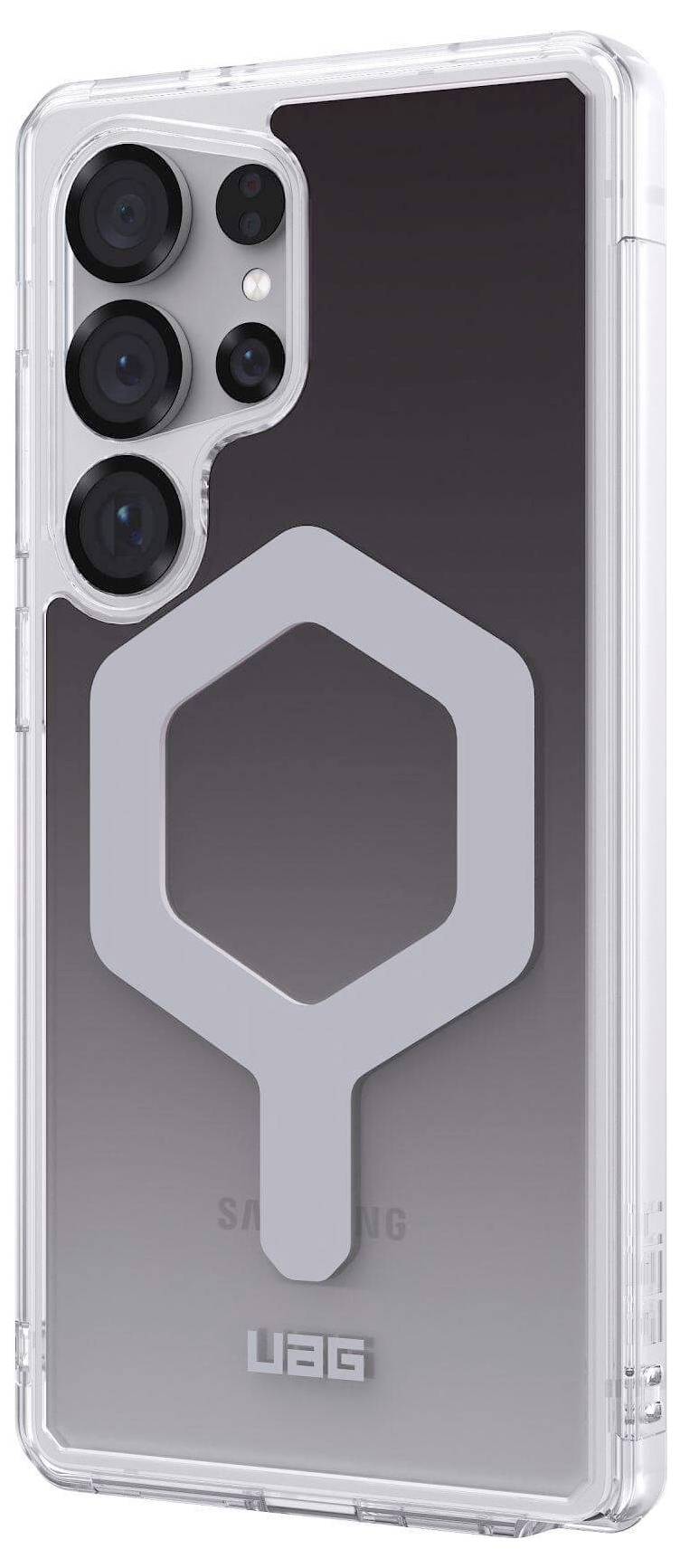 Durchsichtige Handyhülle mit grauem Logo, kompatibel mit einem Smartphone, zeigt Kameramodule auf schwarzem Hintergrund.