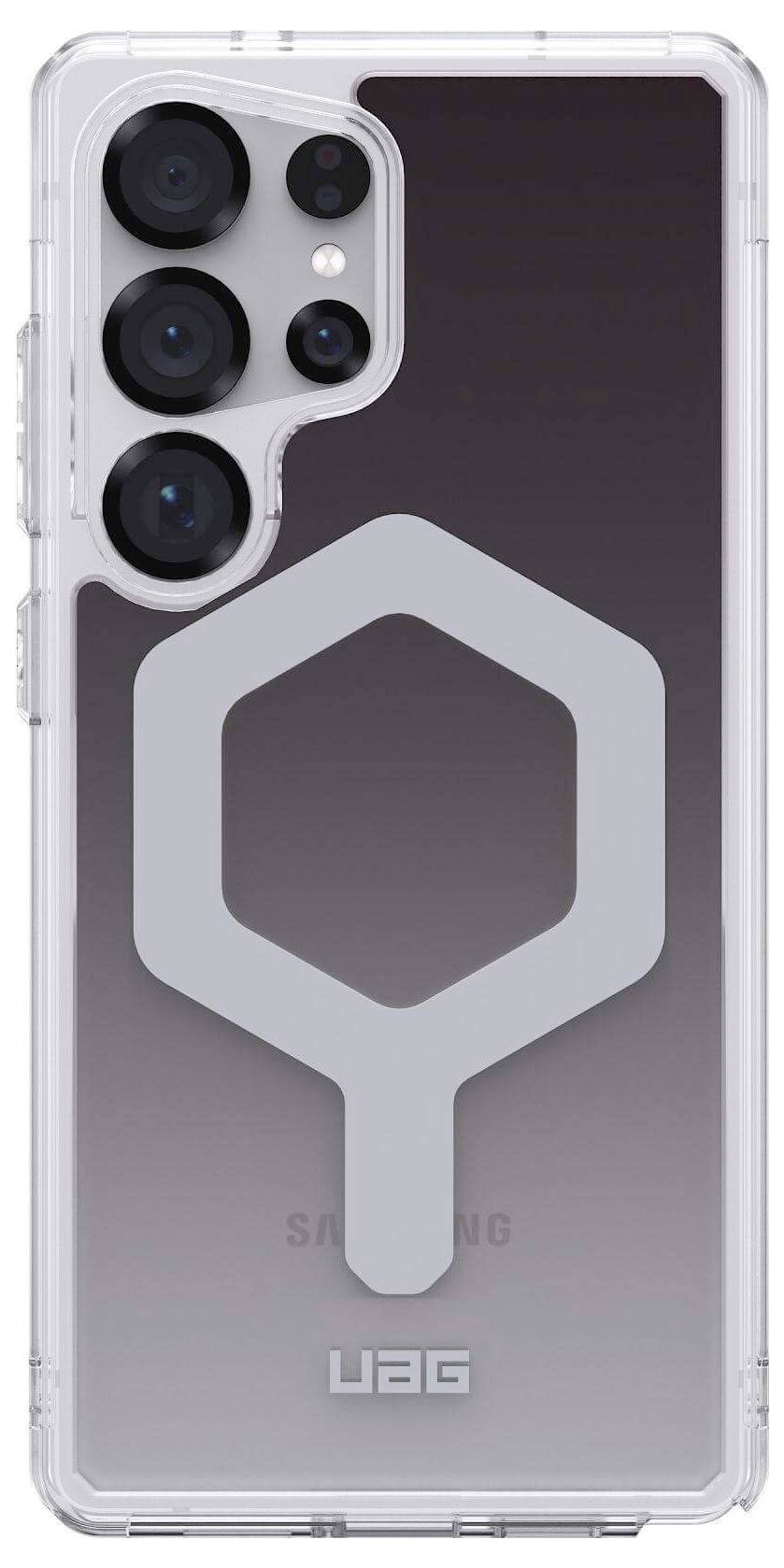 Ein Smartphone mit einer klaren Schutzhülle, vier Kameralinsen oben links und einem silbernen geometrischen Design auf der Rückseite.