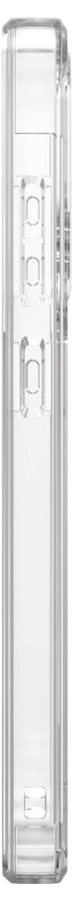 Eine transparente Handyhülle im Profilansicht zeigt Anschlüsse und Knöpfe.