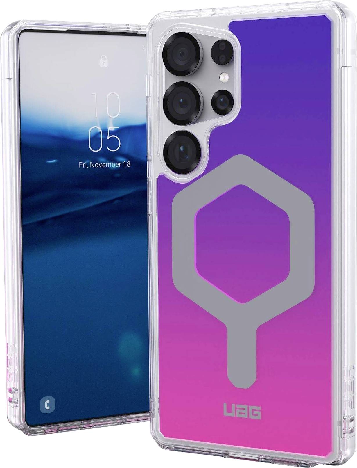 Ein Smartphone mit einer transparenten Hülle, die ein violett-blaues Farbverlaufdesign und ein graues hexagonales Muster aufweist.