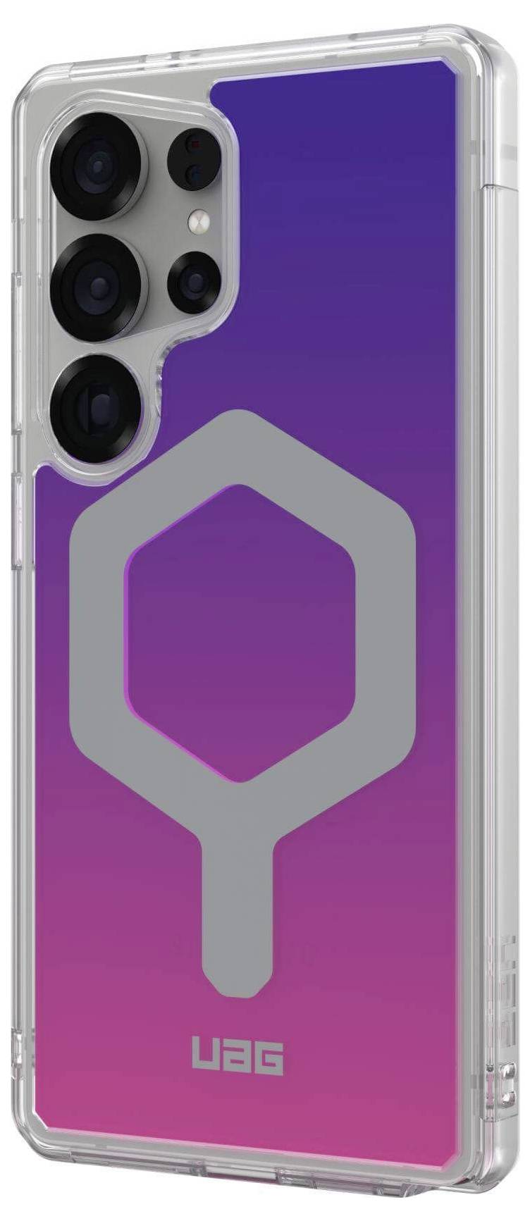 Ein Smartphone mit einer Schutzhülle zeigt ein lila-pinkes Farbverlaufdesign. Großes graues Logo mittig. Mehrere Kameralinsen sind sichtbar.