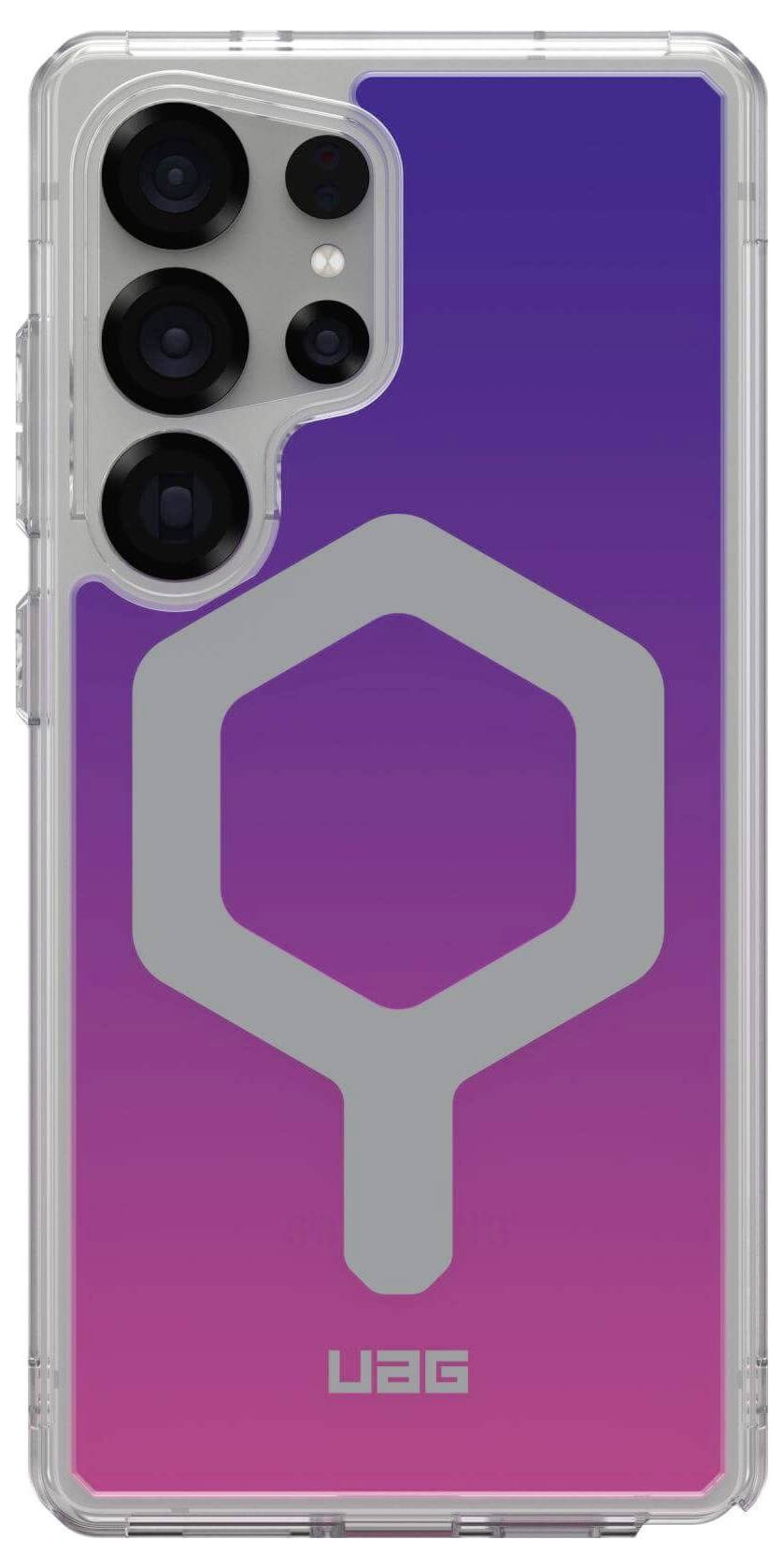 Das Bild zeigt ein Smartphone in einer transparenten Schutzhülle mit lila-rosa Farbverlauf und grauem Symbol darauf.