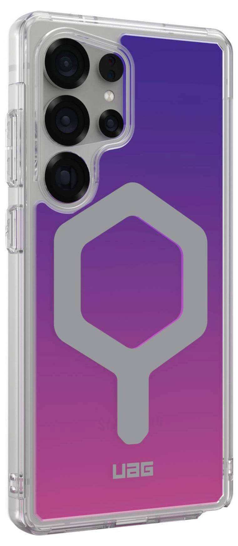 Smartphone-Hülle in Lila- und Pink-Verlauf, transparent mit grauem Logo in der Mitte. Fünf Kameralöcher oben links.