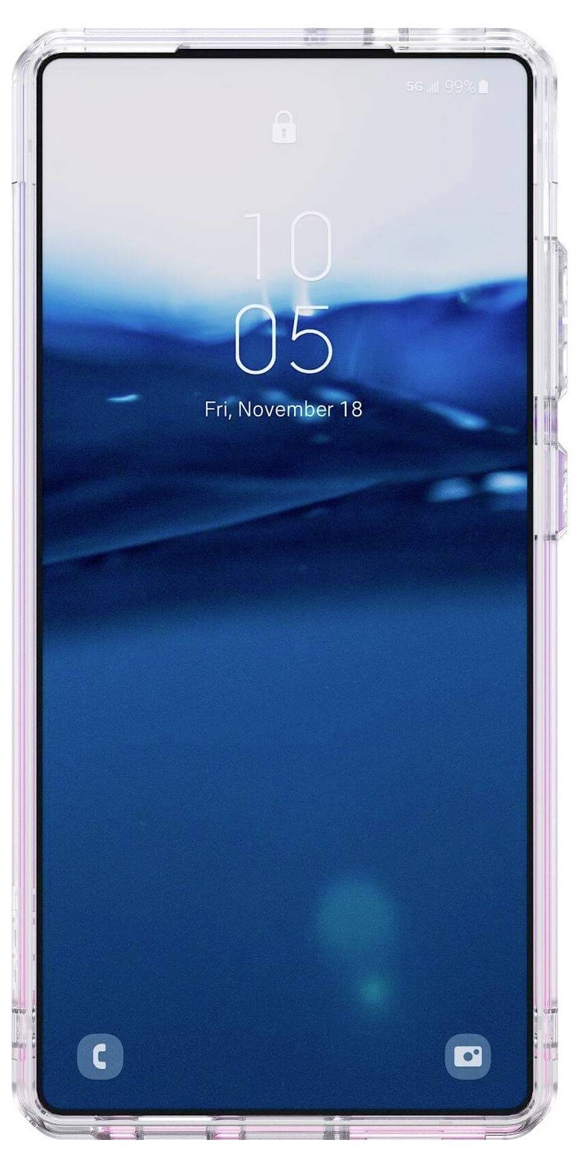 Ein modernes Smartphone mit blauer Wasseroberfläche als Hintergrundbild. Datum und Uhrzeit stehen oben auf dem Display.