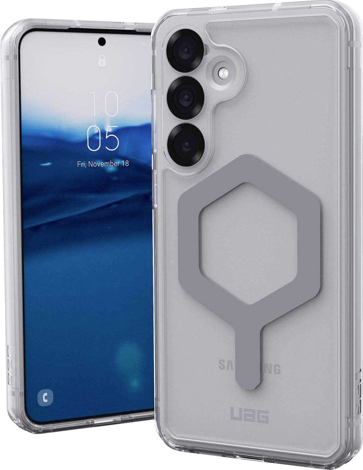 Smartphone mit Schutzfolie und Halterung. Vorderseite zeigt Sperrbildschirm mit Uhrzeit, Rückseite hat eine feste, strukturierte Halterung.